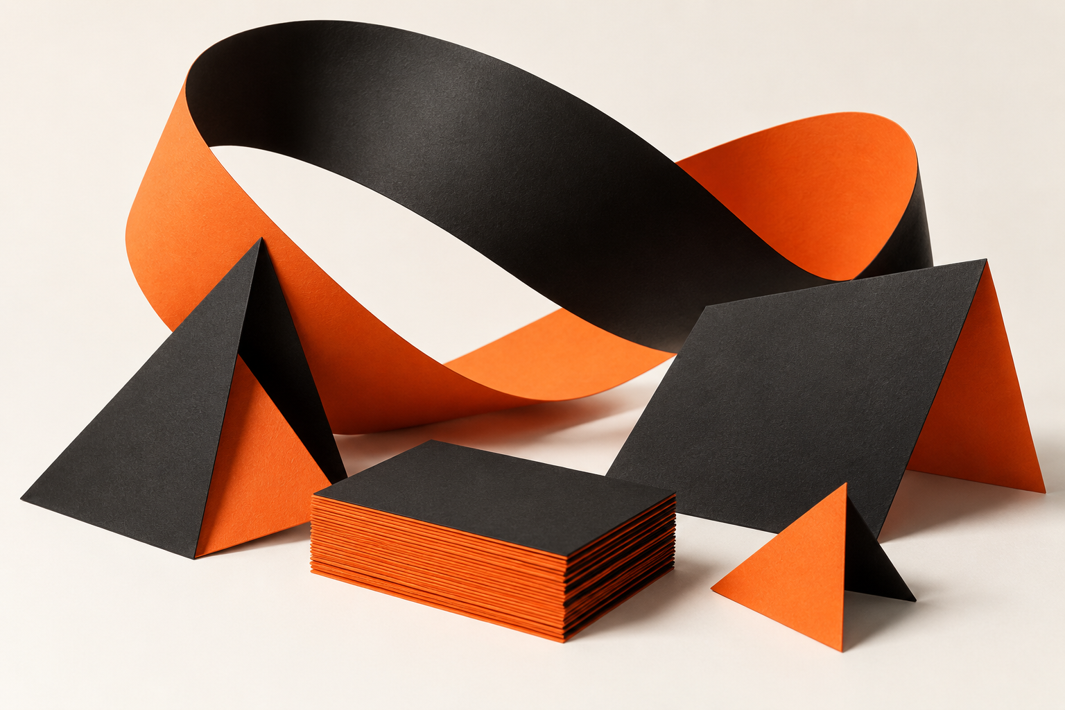 Illustrative black and orange sculptural paper brand study